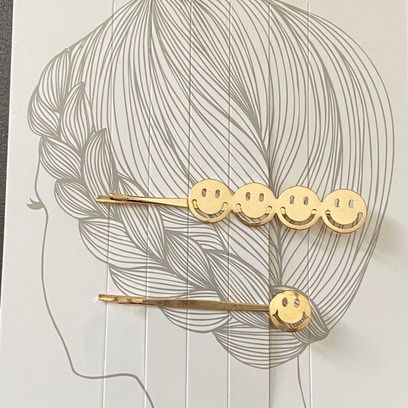 FREE! Forever 21 Happy Face Emoji Smiles Gold Hair Clips Barrettes Bobby Pins 2 - Picture 1 of 2